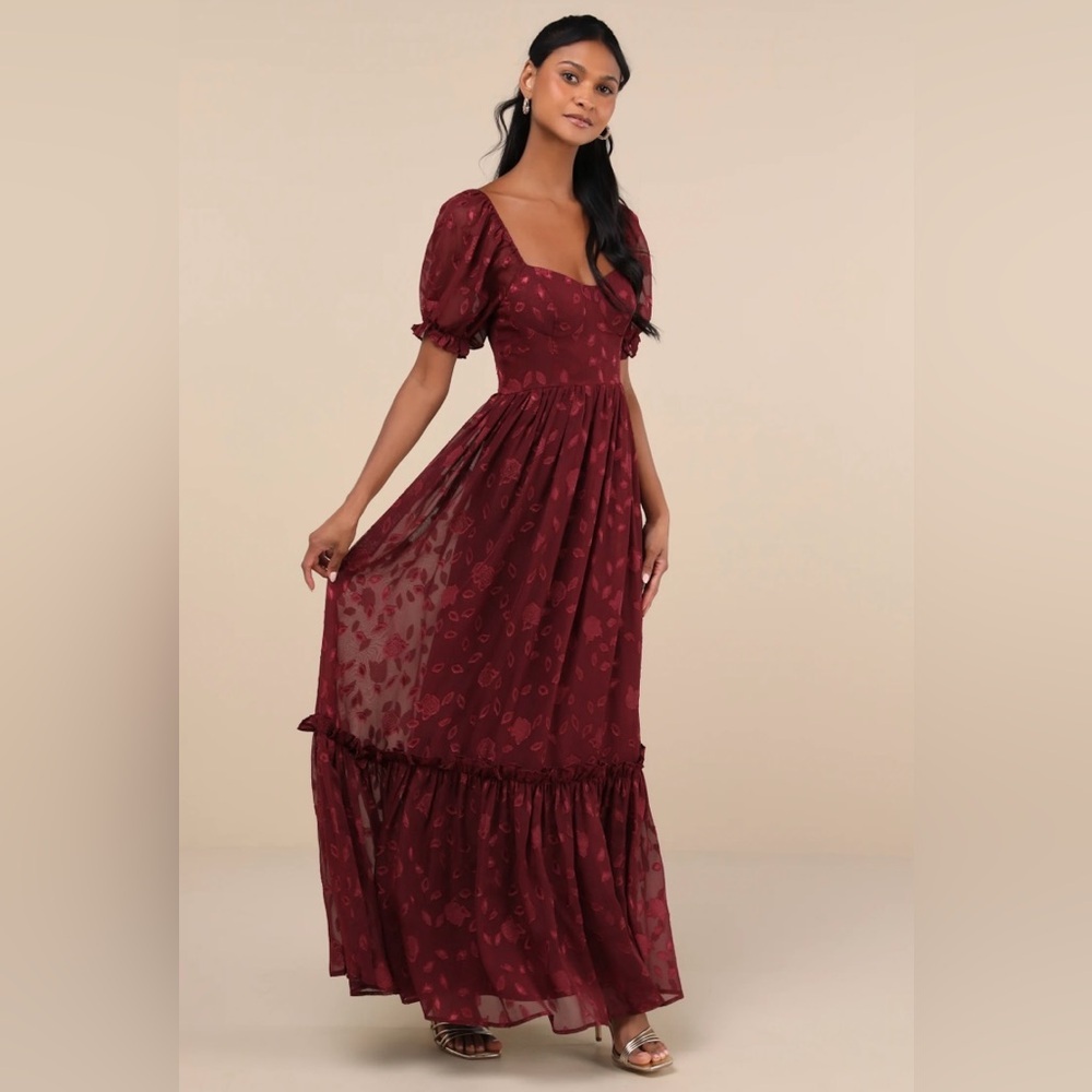 Phenomenal Sweetness Burgundy Floral Burnout Bustier Maxi Dress - Picture 3 of 11